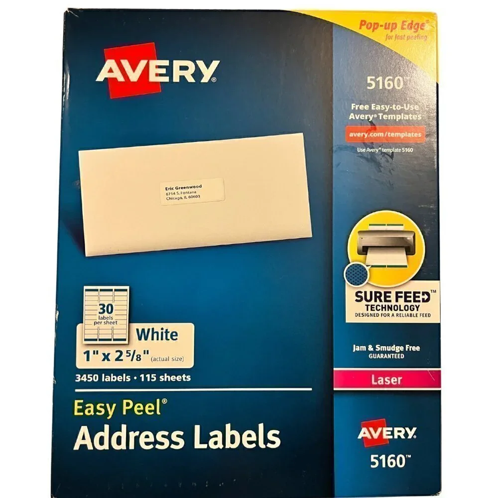 NEW Avery 5160 Mailing Address Labels, 1 x 2 5/8, 3,450 Labels